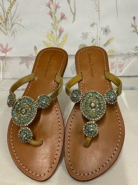 Tommy Bahama Turquoise Beaded Gold Trim Leather Sandals